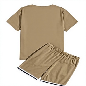 Conjunto de Camiseta y Pantalones Cortos de Algodón de Color Sólido para Hombre, con Ribete en Contraste en la Parte Delantera, Corte Regular, Estilo Casual, Cuello Redondo, Manga Corta, Tejido de Punto, 180g - Product Image 6