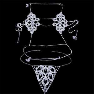 Conjunto de sujetador y bragas con cadena para mujer, ropa interior Sexy con cristales y flores, con diamantes de imitación, conjunto de lencería con Tanga, joyería - Product Image 1