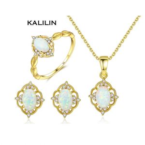 Conjunto de Joyería de Ópalo, Collar, Aretes y Anillo Chapados en Oro de 22k, Diseño Clásico de Flor para Mujer, Joyería Fina para Boda - Product Image 1