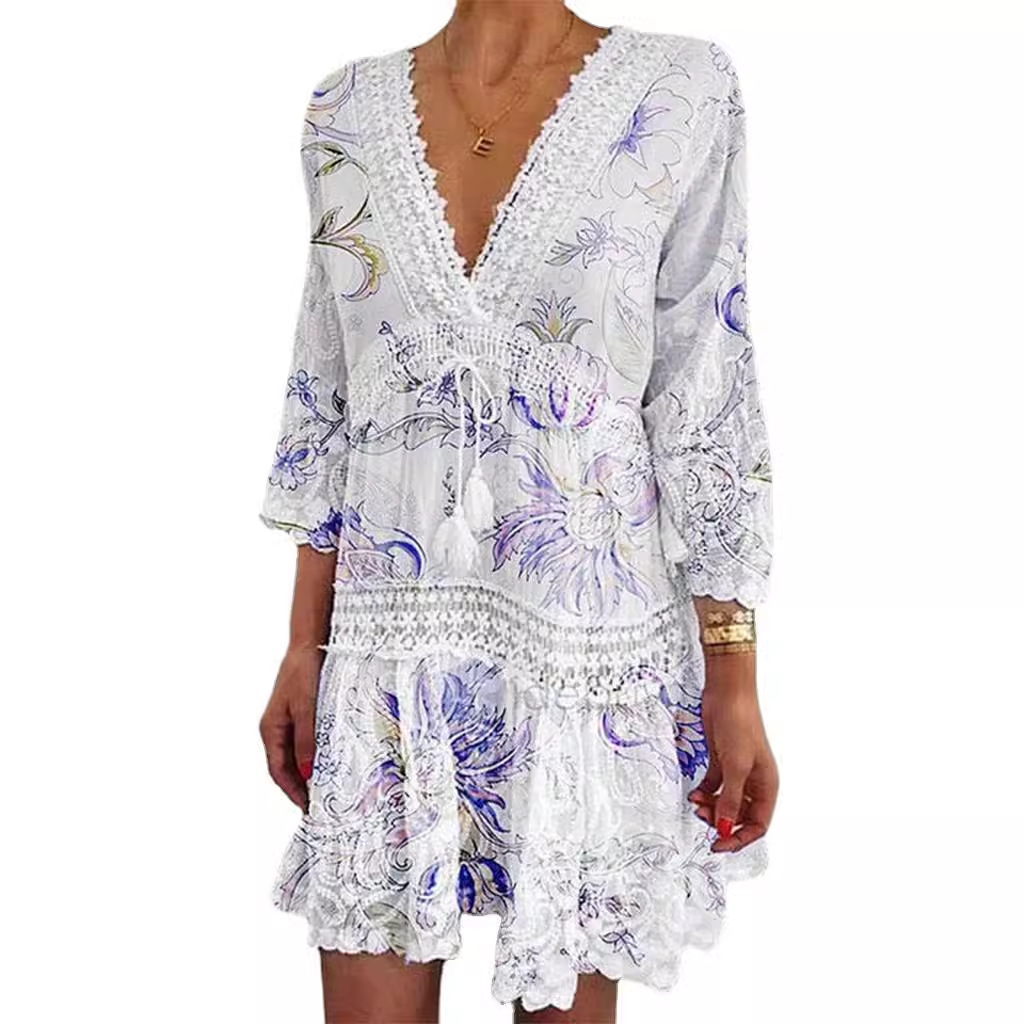 flowy beach dress white PRETTYGARDEN Womens Summer Puff Short Sleeve Maxi Dress Square Neck Sm main image 0