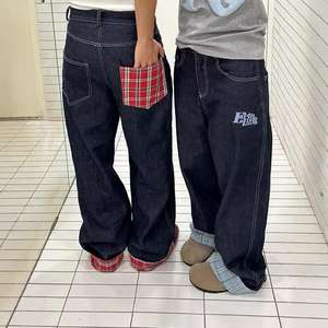 Jeans en denim à ourlet roulé, patchwork à carreaux américains, pour hommes, printemps automne, nouveau, jambe large, droit, ample, taille basse, style streetwear - Product Image 1