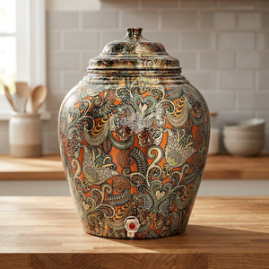 Distributeur d'eau chaude et froide en cuivre avec motif floral orange et robinet réutilisable pour usage domestique - Product Image 3