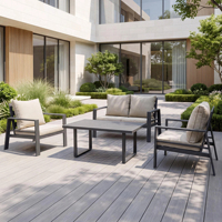 Ensemble de canapés modernes en aluminium J&M T812A pour bord de piscine, 7 places, avec table basse à lattes, résistant à l'eau, pour terrasse, jardin, extérieur tropical