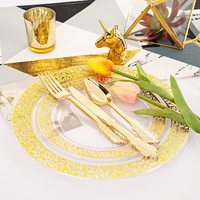 Assiettes jetables en plastique noir élégantes de 7,5/10,25 pouces avec rebords dorés pour fêtes de mariage, vente en gros