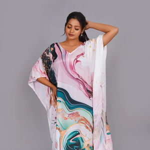 Caftán de Lujo para Mujer, Corte Holgado, Primavera-Verano, Satén con Estampado Floral, Transpirable, Cierre con Cordón, Ideal para la Playa, Excelente Precio - Product Image 1