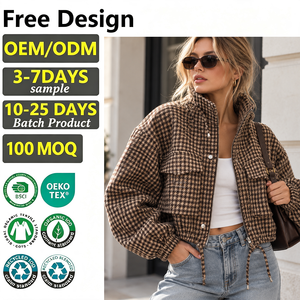 Custom Logo <b>Women</b> Cropped <b>Jacket</b> Stand Collar Full Zip Flap Cargo Pockets Long Sleeve Plaid Fall <b>Winter</b> Thin <b>Warm</b> Coat Outerwear - Product Image 1