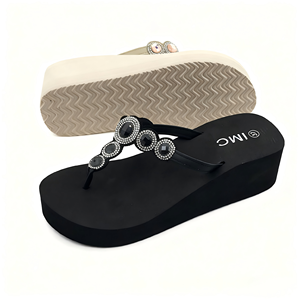 Phụ nữ thanh lịch của mùa hè nêm <span class=keywords><strong>Flip</strong></span> <span class=keywords><strong>Flops</strong></span> với dày duy nhất thân thiện với môi lớn Jeweled huy chương Rhinestone điểm nhấn trong màu be đen - Product Image 2