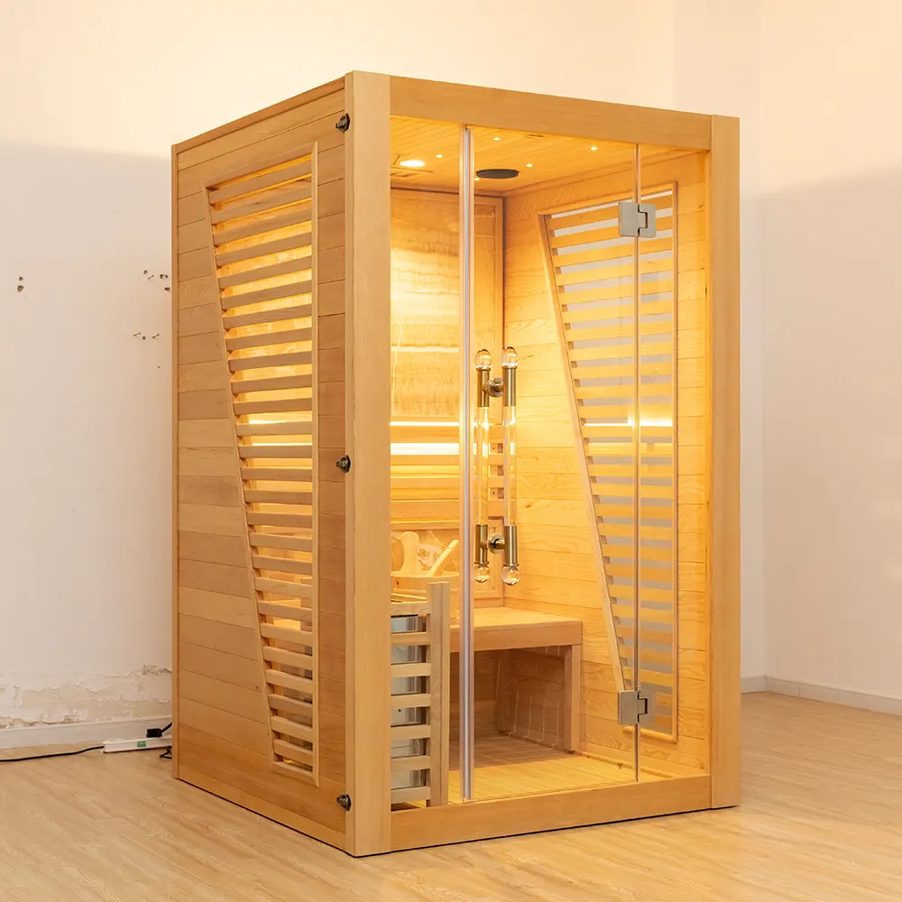 Petite cabine de sauna en bois de luxe Pruche Intérieur Sauna finlandais traditionnel en bois massif pour 2 personnes
