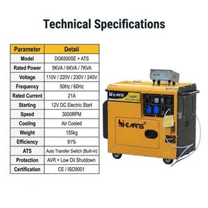 Generador Diésel Silencioso Hiearns <span class=keywords><strong>de</strong></span> 5KVA, 6KVA, 7KVA, 50Hz, 220V, Arranque Automático, Energí<span class=keywords><strong>a</strong></span> <span class=keywords><strong>de</strong></span> Respaldo Eléctrica para Uso Doméstico - Product Image 2