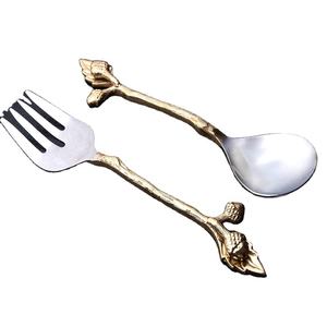 Accesorios de cocina para servir de acero inoxidable, juegos de vajilla, ramita dorada con mango de diseño de hojas y brotes - Product Image 1