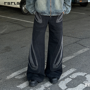 กางเกงยีนส์ผู้ชายทรงตรงหลวมสไตล์วินเทจ แต่งลายปัก ล้างสี ตัดต่อผ้าแบบแฮนด์เมด ระบายอากาศได้ดี - Product Image 2