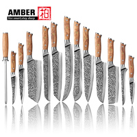 Ensemble de Couteaux de Chef Professionnels en Acier Damas VG10 Ambre, Lame Effet Marteau Miroir avec Manche en Bois d'Olivier