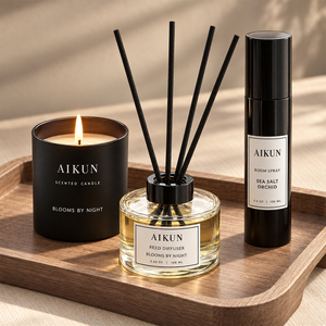 Aikun Matte Black Three Component Candle Reed Diffuser Room Spray Gift Set Round <b>Glass</b> Bottle Rigid Display <b>Window</b> Packaging - Product Image 3