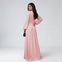 Robe de soirée longue rose en satin pour femme, col rond, manches lanternes, plissée, lavable, coupe trapèze fluide