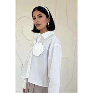 Camisa Blanca de Popelina con Botones para Mujer, Estilo Clásico de Oficina, Blusa con Paneles, Manga Larga - Product Image 2