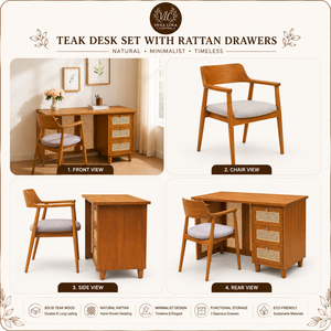 Modern Wood <b>Desk</b> with Rattan Panels and <b>Drawer</b> Scandinavian Home Office Furniture Set Rustic Computer Table - Product Image 5