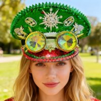 Chapeau de fête de Noël de luxe en gros avec 3 MOQ, orné de paillettes et de strass |   Lunettes steampunk à pointes à carreaux rouges et verts, décontractées, de plage, en peluche