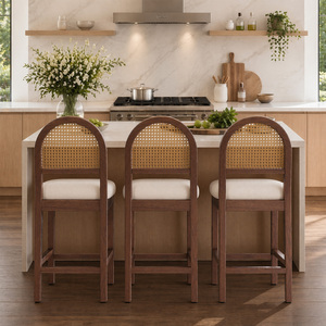 Modern Natural Woven Rattan <b>Back</b> Bar Counter <b>Stools</b> Thick Sponge Cushion Wooden Chairs for Outdoor Hotel & Dining Use - Product Image 1