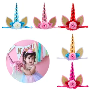 Baby Unicorn Headband Wholesale Kids Newborn Infant Unicorn Horn Cosplay Party Hairband Headband With Flower