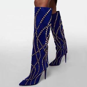 Royal Blue Rivets Mujeres Suede Botas hasta la rodilla Fino Tacón alto Punta estrecha Zapatos de vestir Señoras Stiletto Botines largos - Product Image 2