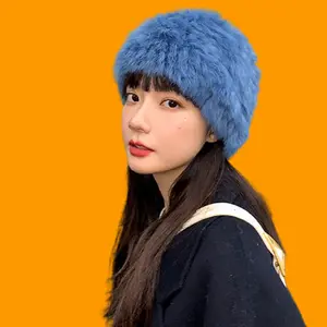 Bonnet tricoté en fourrure de haute qualité, doux, chaud, épais, tendance, peluche de lapin, bonnet pour filles, bonnet pour femmes