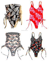 Maillots de bain hawaïens OEM pour femmes et enfants, à lacets latéraux, fleurs d'hibiscus tropicales, sans bretelles, à nouer sur le côté, une pièce, vêtements de plage, maillot de bain Hawaï
