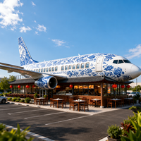 Modèle de restaurant urbain personnalisé en forme d'avion avec éclairage nocturne pour centre commercial, café et monument