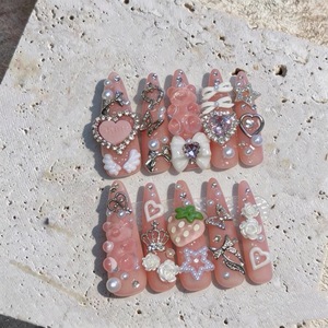 Uñas postizas Honey Butter Y2k Chic Gothic de alta resistencia con purpurina, nudo de mariposa en relieve, cruz pequeña y hechas a mano. - Product Image 6