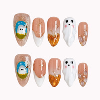 Faux ongles en acrylique à presser, motif Halloween fantôme et citrouille mignons, avec cadre doré peint à la main et strass, forme amande, certifiés CE, personnalisables