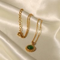 Collar con Colgante Redondo de Acero Inoxidable Dorado con Piedra Natural Verde Ojo de Gato Ovalada para Mujer, Venta al Por Mayor