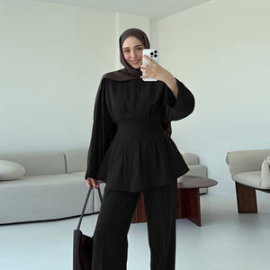 Ensemble Abaya Deux Pièces Loriya B2B Pour <span class=keywords><strong>Femme</strong></span> Nouveauté Élégante Haut Chemise Uni Et <span class=keywords><strong>Pantalon</strong></span> Large Vêtements Islamiques - Product Image 3