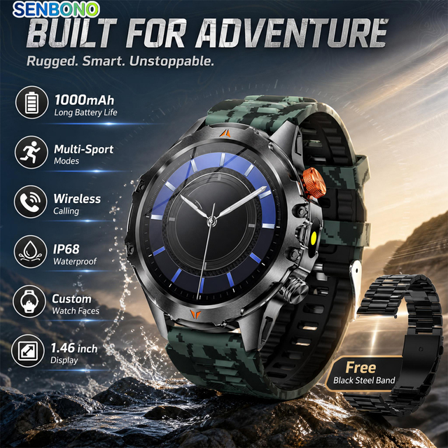 SENBONO Men SmartWatch Built-in Compass IP68 Waterproof Fitness Tracker Sleep Monitoring Message Push Smartwatch for Android IOS