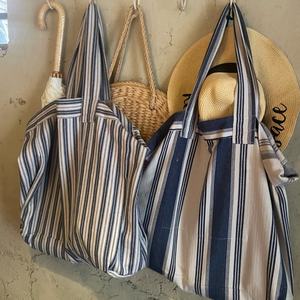 Bolsos de playa de lona de algodón personalizados para mujer, bolso de hombro con rayas azules de mujer de 22 pulgadas, bolsos de compras informales para viajes - Product Image 6