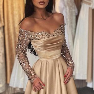 Robe de soirée à paillettes, épaules dénudées, manches longues, taille Empire, en satin, robe formelle pour hôte de banquet - Product Image 3