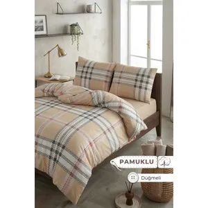 Ensemble de housse de couette double en coton à carreaux beige Karden Flower 200x220 cm - Product Image 3