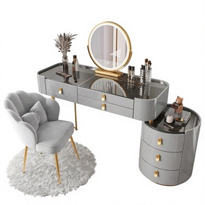 Console de maquillage moderne avec miroir lumineux rond, meuble de rangement en bois massif, table de toilette pour chambre à coucher - Product Image 4
