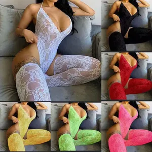 Women Transparent 2 Piece Sexy Lingerie Lace Bodysuit Backless Deep V-Neck Underwear