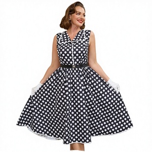 Vestido Maxi Vintage sin Mangas con Estampado de Puntos, Cuello en Contraste y Cinturón, Estilo Informal y Ecológico para Otoño - Product Image 3