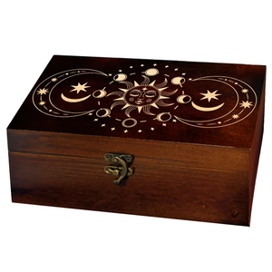 Caja de Madera para Guardar Recuerdos, Caja de Tarot Rectangular de Pino con Patrón Tallado de Fases Lunares y Solares para Guardar Joyas de Aniversario - Product Image 1