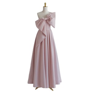 Women's Pink Satin Off The Shoulder Evening Gown A Line Empire Waist One Shoulder Bow Design Toast Dress - Product Image 5