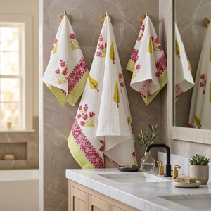 Ensemble de serviettes de bain en coton biologique PRABHAVA, imprimé gaufré, floral, séchage rapide, rectangulaires, pour la maison et la salle de bain - Product Image 3