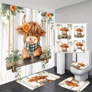 Muyu - Juego <span class=keywords><strong>de</strong></span> Cortina <span class=keywords><strong>de</strong></span> Ducha <span class=keywords><strong>de</strong></span> 4 Piezas con Diseño <span class=keywords><strong>de</strong></span> Vaca Highland, Decoración <span class=keywords><strong>de</strong></span> Baño con Animales <span class=keywords><strong>de</strong></span> Granja, Alfombrillas Antideslizantes, Funda para Tapa <span class=keywords><strong>de</strong></span> Inodoro - Product Image 1