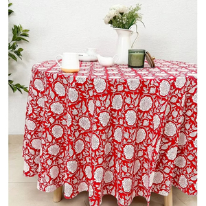 Nappe ronde en coton 100% à motifs floraux rouges, faite à la main, imprimée au bloc, pour la maison, les mariages, les fêtes et l'usage quotidien - Product Image 1