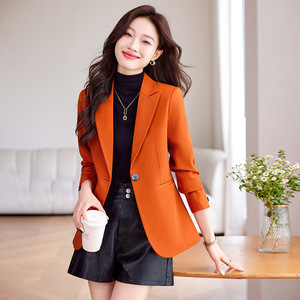 Women's Single Button Blazer Orange Solid Color Polyester Slim Fit Casual Autumn 2024 Style - Product Image 1