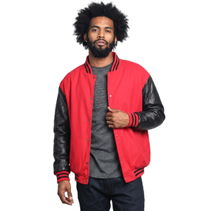 Custom <b>Men's</b> Wool Letterman Varsity Jacket Real Leather with Stand Collar Black Red Embroidery Patches Labels for <b>Men</b> & Women - Product Image 1