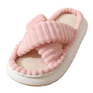 Nouvelles pantoufles unisexes personnalisées en lin et chanvre, sandales d'intérieur respirantes à brides croisées, pantoufles de massage en EVA pour la maison et la chambre, pantoufles d'hiver - Product Image 1