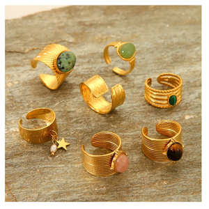 แหวนเปิดสเตนเลสชุบทองหรูหราจี้มุกน้ำจืดจี้รูปหัวใจรูปดาว - Product Image 3