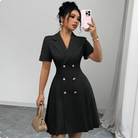 Robe Blazer Femme Manches Courtes Double Boutonnage Col V Taille Haute Élégante Professionnelle pour le Bureau