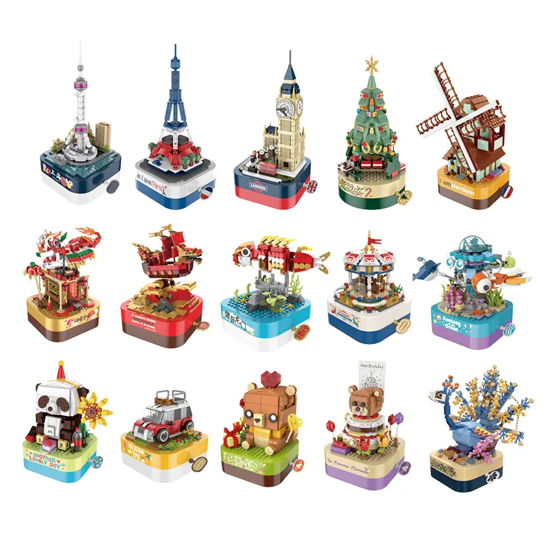 Rotate Clockwise Music Box Block Toy Animal City Building Vehicle Model Assembling Particle Set Kid Music Box DIY Building Block
