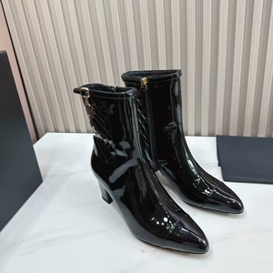 Señoras cuero de vaca charol genuino 6,5 cm zapatos de tacón grueso mujeres diseñador de lujo diamante entramado puntiagudos botines - Product Image 2